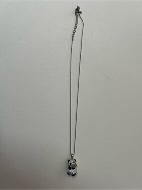 Crystal Panda Pendant Necklace - Silver with Green Enamel Accent